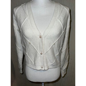 Broadway 38 White Cardigan Sweater Diamond Pattern Pearls Small